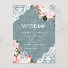 Burlap och Snöre Rustic Dusty Blue Blommigt Bröllo Inbjudningar