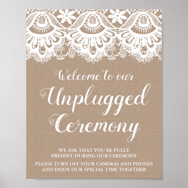 Burlap och Snöre Unplugged Ceremony Sign, Rustic Poster (Framsidan)