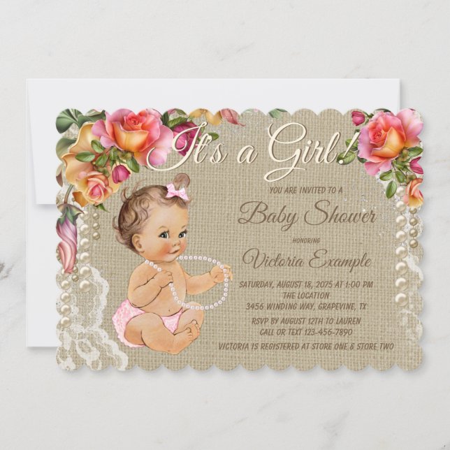 Burlap och spets baby shower inbjudningar (Framsida)