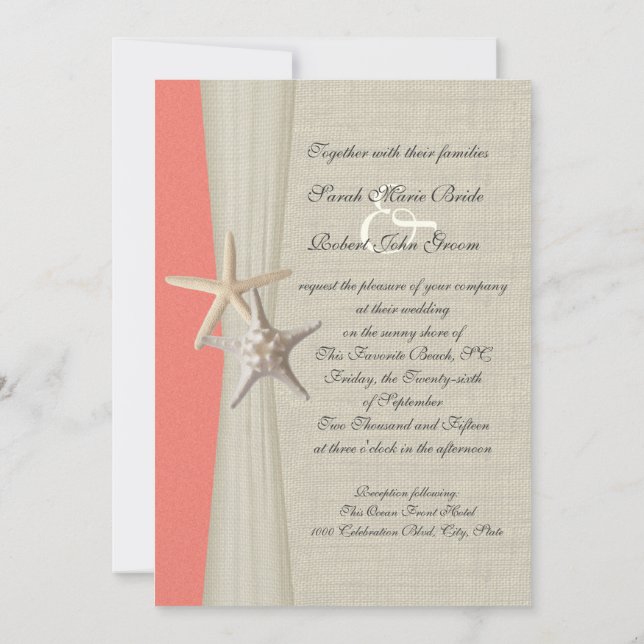 Burlap och Starfish Snäcka Coral Beach Wedding Inbjudningar (Baksida)