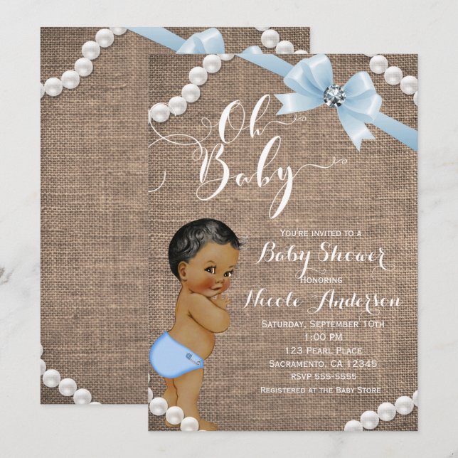 Burlap & Pärlor Blå Rosett Etnisk Babypojke Shower Inbjudningar (Fram/baksida)
