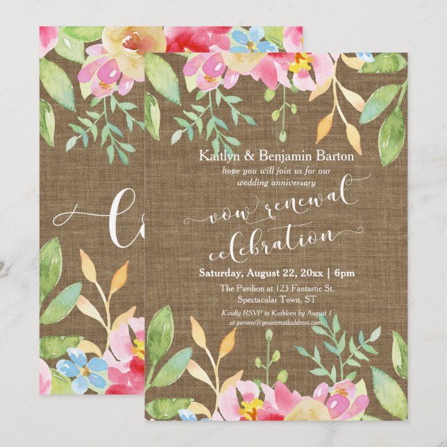 Burlap Pawers Flowers Vow Renewal Firande Inbjudningar (Fram/baksida)