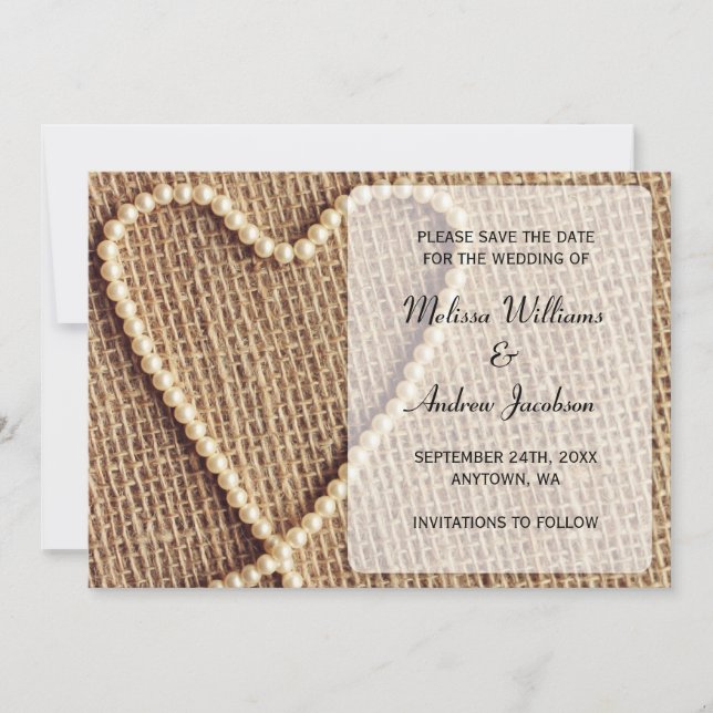 Burlap Pearl Heart Spara datum meddelande (Framsida)