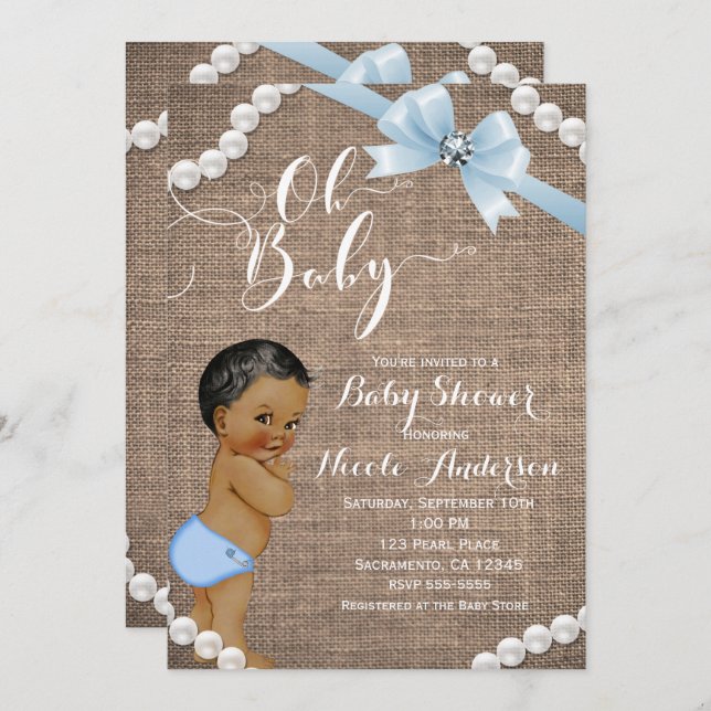 Burlap & Pearls Blue Bow Ethnic Pojke Shower Inbjudningar (Fram/baksida)