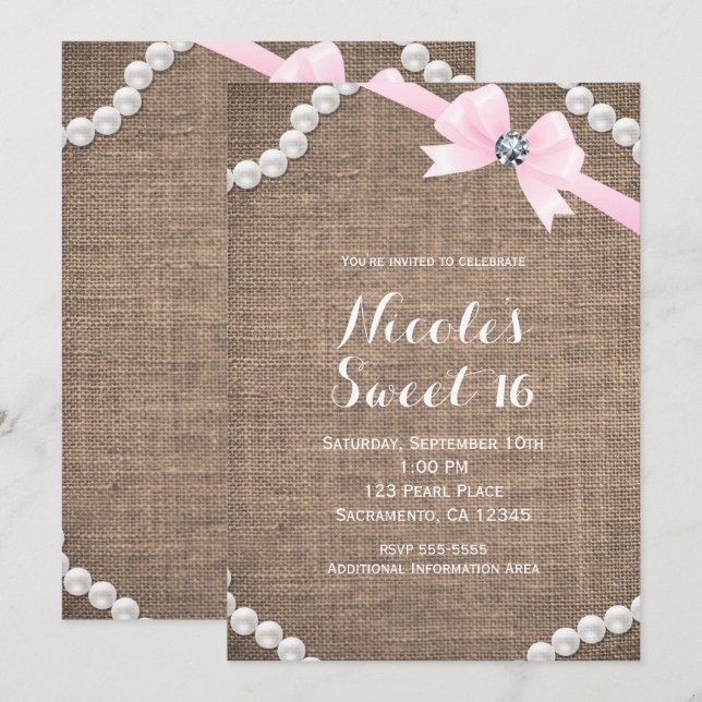 Burlap & Pearls Rosa Bow Glamor Sweet 16 Party Inbjudningar (Fram/baksida)