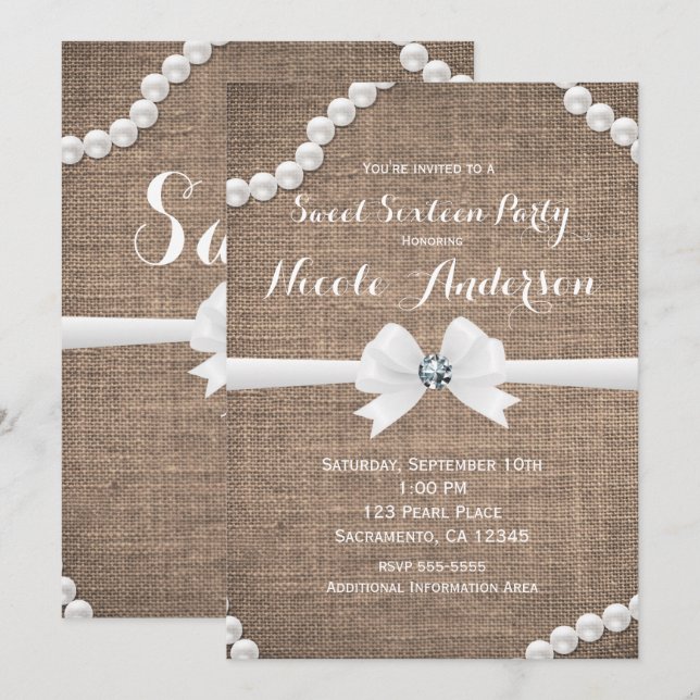 Burlap & Pearls Rustic Glamor Sweet 16 Party Inbjudningar (Fram/baksida)