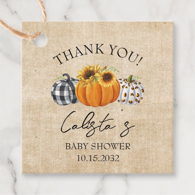Burlap Pumpkin och Solros Baby Shower Tack Gåvor Etiketter (Framsida)