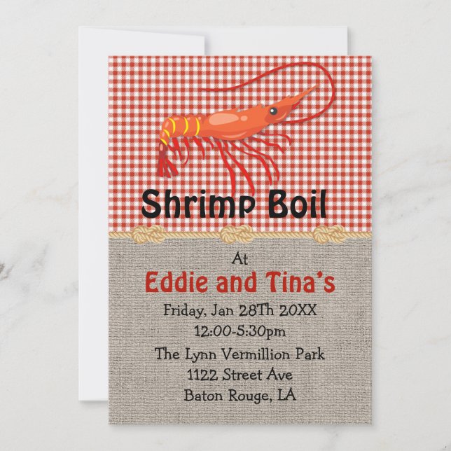 Burlap Red Gingham Shrimp Boil Inbjudningar (Framsida)