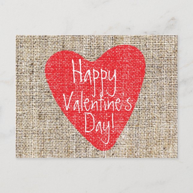 Burlap Red Heart Valentine Day Mailer Postcard Helg Vykort (Framsida)