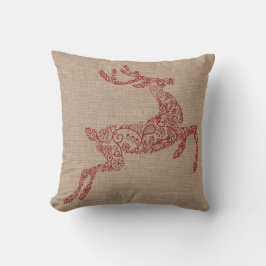 Burlap Red Reindeer Kudde
