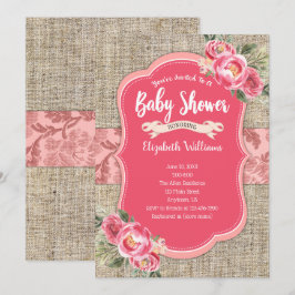 Burlap Rosa Watercolor Flowers Girl Baby Shower Inbjudningar