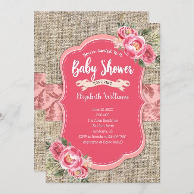 Burlap Rosa Watercolor Flowers Girl Baby Shower Inbjudningar (Fram/baksida)