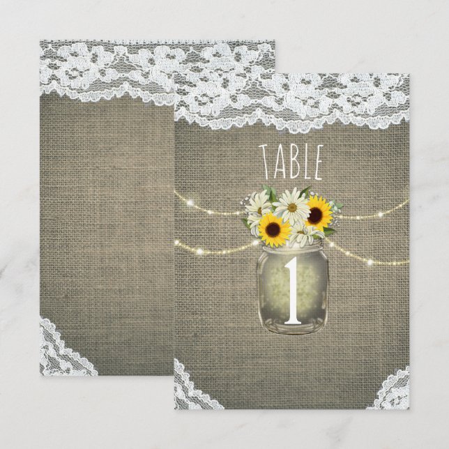 Burlap Rosett Solros Daisies Rustik Bordsnummer (Fram/baksida)