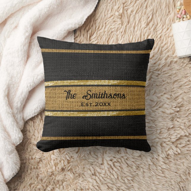 Burlap Rustic Brown Black Guld Anpassningsbar Namn Kudde (Filt)