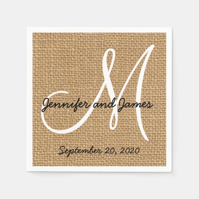 Burlap Rustic Monogram Pappra blöjor Pappersservett (Framsidan)