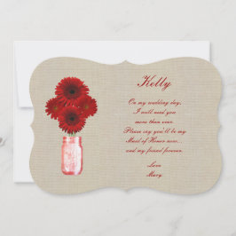 Burlap Rustic Red Mason Burk Maid of honor Card Inbjudningar