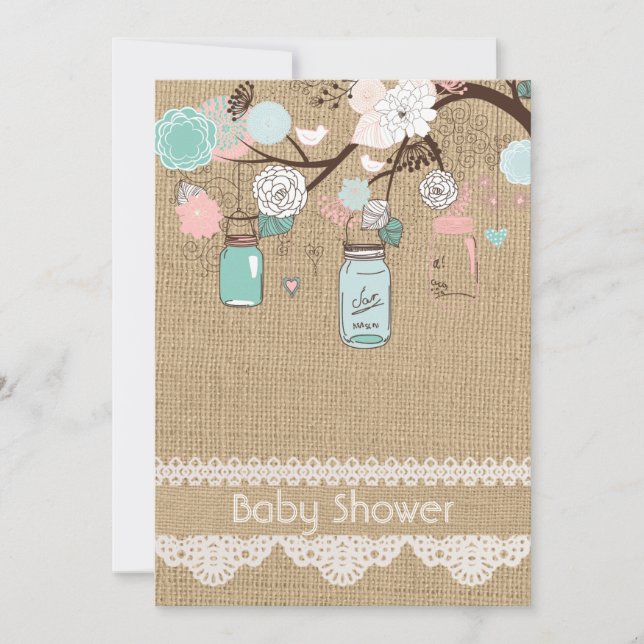 Burlap Rustic Snöre Mason Burk Baby Shower-inbjuda Inbjudningar (Framsida)