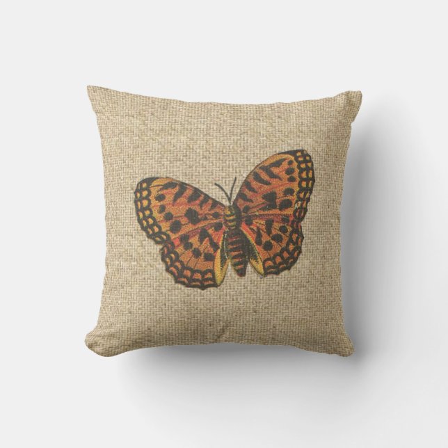 Burlap Rustik orange butterfly dekorativ kudde (Framsida)