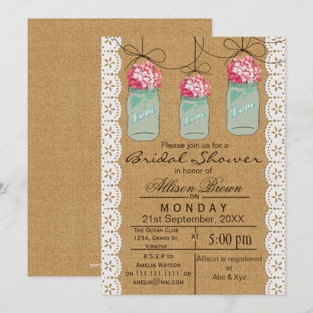 Burlap snöre blå mason burk rustik möhippa inbjudningar (Fram/baksida)