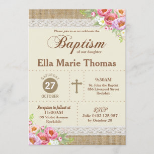 Burlap Snöre Blommigt Christening Baptism Rustic G Inbjudningar