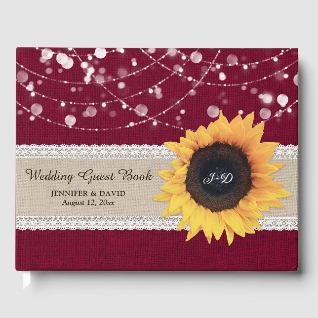 Burlap Snöre Burgundy Solros Bröllop Guest Bok (Framsida)