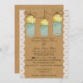 Burlap Snöre gult hydrangeas mason burk inbjudning Inbjudningar