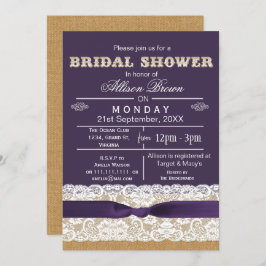 Burlap, snöre,Inbjudningskort för lila rustik möhi Inbjudningar