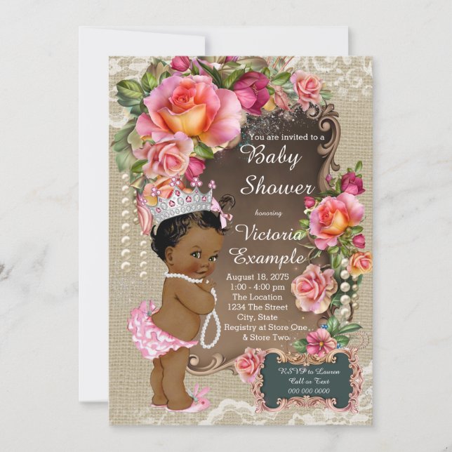 Burlap Snöre Pearl Ethnic Princess Baby Shower Inbjudningar (Framsida)