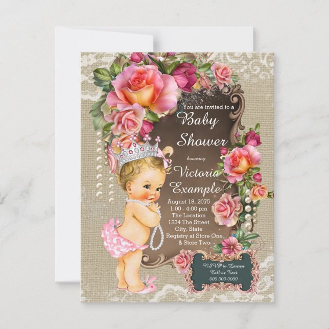 Burlap Snöre Pearl Princess Baby Shower Inbjudningar (Framsida)