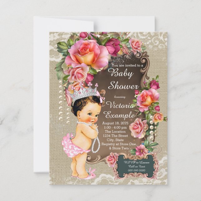 Burlap Snöre Pearl Princess Baby Shower Inbjudningar (Framsida)