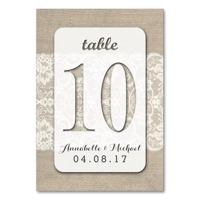 Burlap Snöre Rustic Bröllop Bordsnummer Card 10 (Framsidan)
