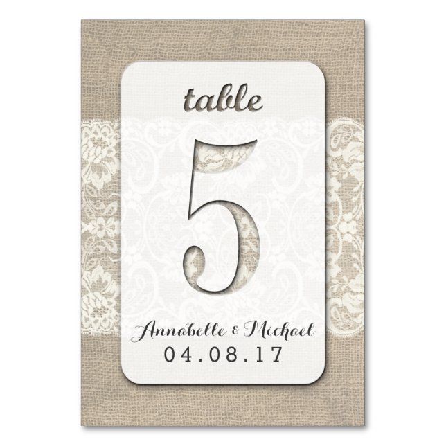 Burlap Snöre Rustic Bröllop Bordsnummer Card 5 (Framsidan)