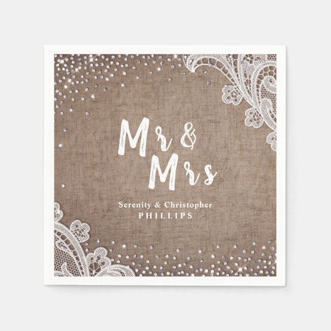 Burlap Snöre silver glitter, Mr & Mrs. Rustic bröl Pappersservett (Framsidan)