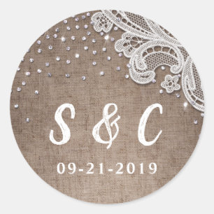 Burlap Snöre silver glitter rustic Bröllop monogra Runt Klistermärke