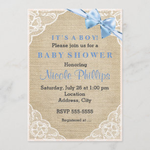 Burlap spets & blå slinga baby shower-inbjudan inbjudningar