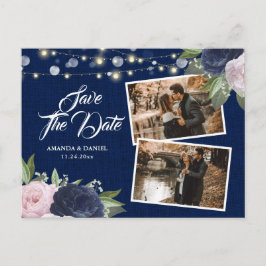 Burlap Spets Navyblå Rosa Save The Date Foto Meddelande Vykort