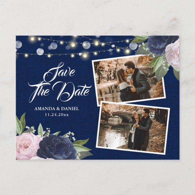 Burlap Spets Navyblå Rosa Save The Date Foto Meddelande Vykort (Framsida)