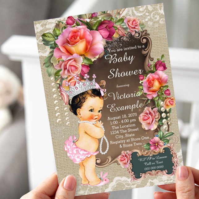 Burlap Spets Pärl Prinsessa Baby Shower Rustik Inbjudningar (Skapare uppladdad)