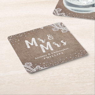 Burlap spets silverglitter Brud och brudgum rustik Underlägg Papper Kvadrat