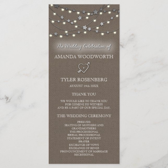 Burlap Star String Ljus Rustic Bröllopsprogram Program (Framsida)