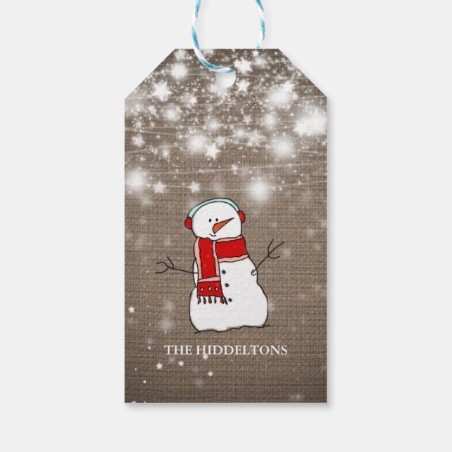 Burlap Stars julklapp Snowman-skript Holiday Presentetikett (Baksidan)