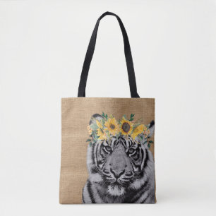 Burlap Tiger Black White Solros Flower Krona Tygkasse