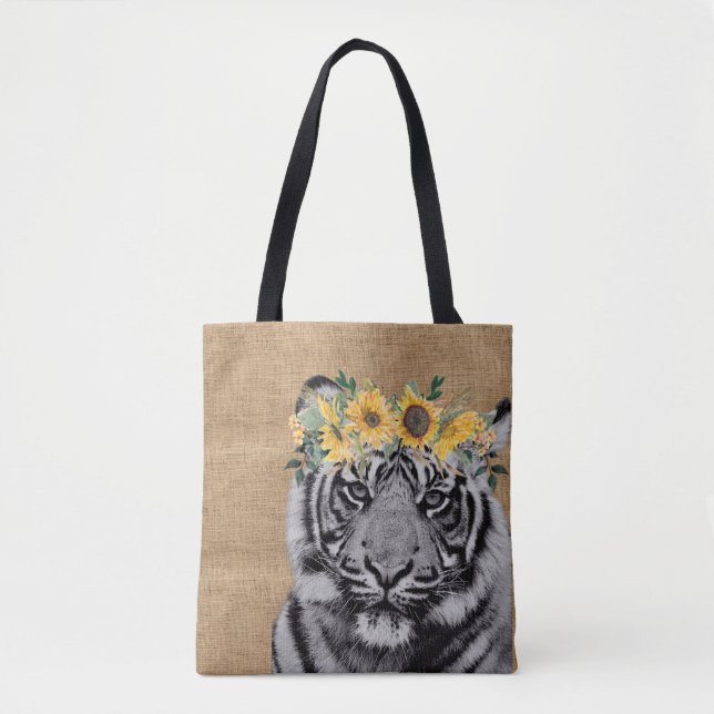 Burlap Tiger Black White Solros Flower Krona Tygkasse (Framsida)
