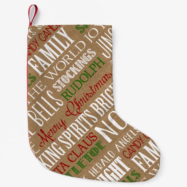 Burlap Typography Rustic jul-lagret Liten Julstrumpa (Framsidan)