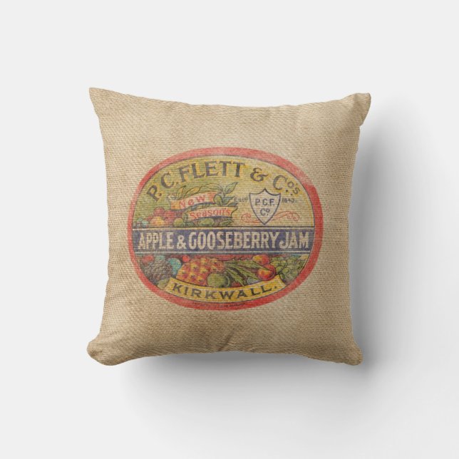 Burlap Vintage Krusbärsylt Reklam Kudde (Framsida)