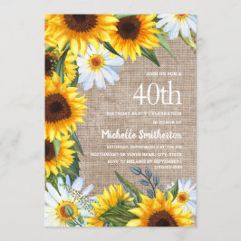 Burlap White Daisys Gult Solros 40:e födelsedagen Inbjudningar
