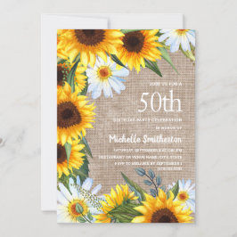 Burlap White Daisys Gult Solros 50:e födelsedagen Inbjudningar