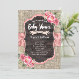 Burlap Wood Rosa Flowers Girl Baby Shower Inbjudningar