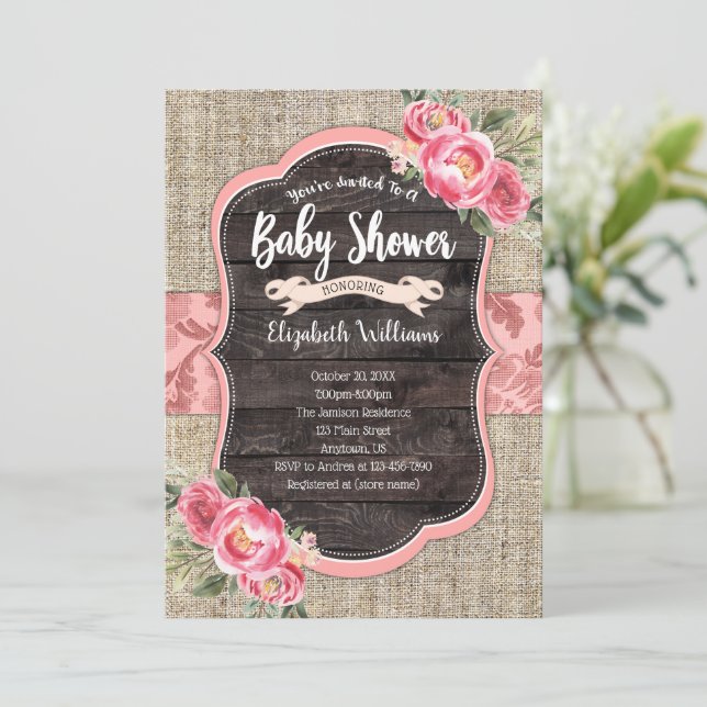 Burlap Wood Rosa Flowers Girl Baby Shower Inbjudningar (Stående Fram)