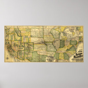 Burlington & Missouri River Railroad Karta (1882) Poster